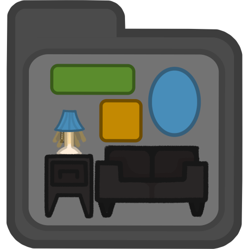 a dark brown square side table on the left with a lamp on top, a dark down rectangular couch on the right, a green rectangle, a yellow square, and a blue oval on the wall / above the furniture on a grey folder